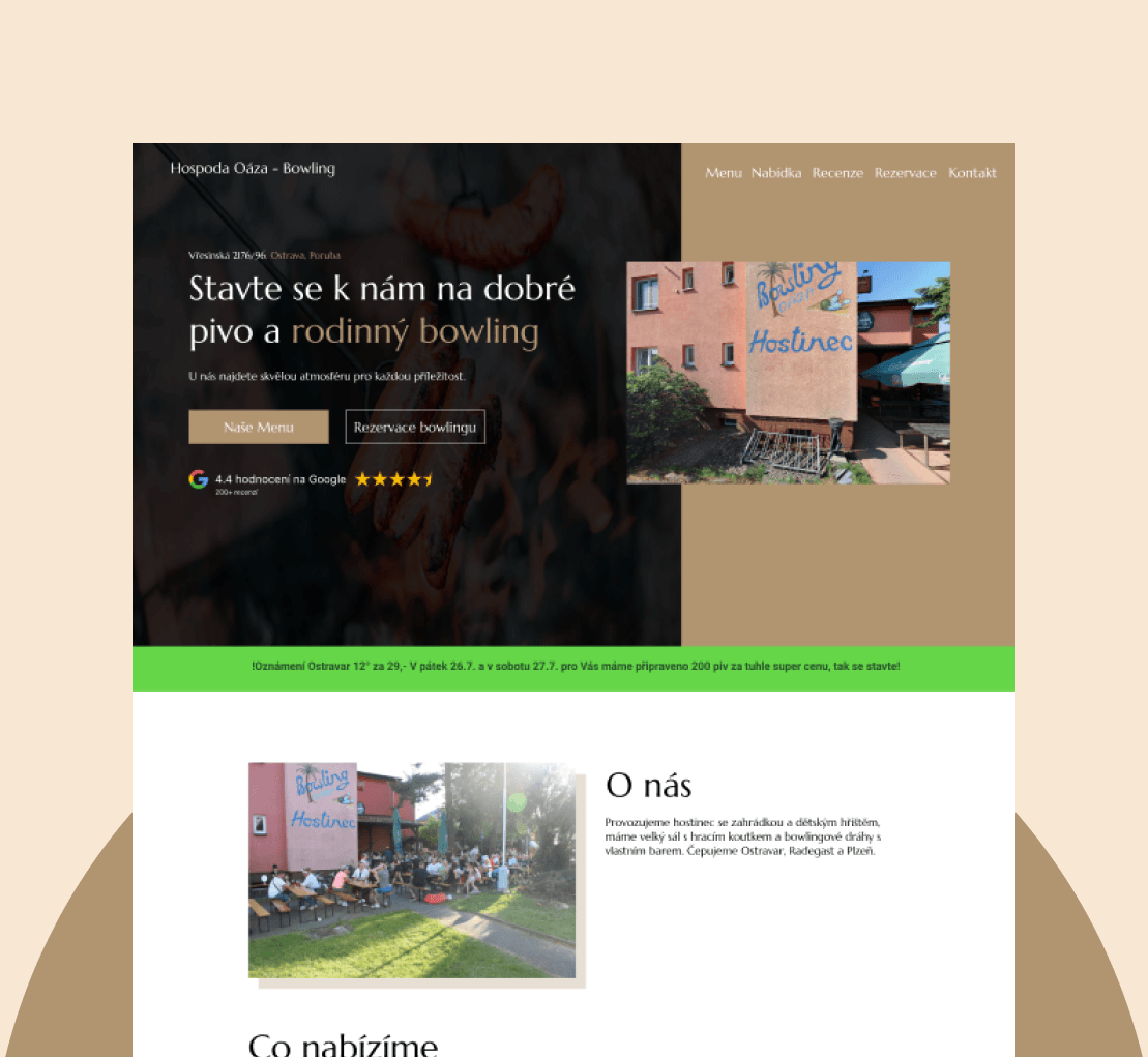 Projekt restaurace a hospody Oaza Poruba z pottfolia naší tvorby pro fungující web systémy