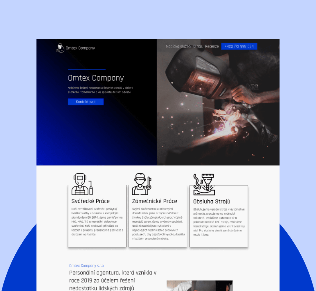 Projekt Omtex Company z pottfolia naší tvorby pro fungující web systémy